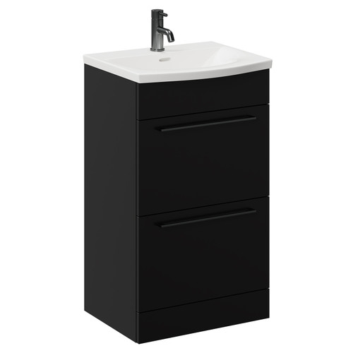Napoli Matt Black 500mm Floor Standing Vanity Unit with 1 Tap Hole Curved Basin and 2 Drawers with Gunmetal Grey Handles Left Hand View
