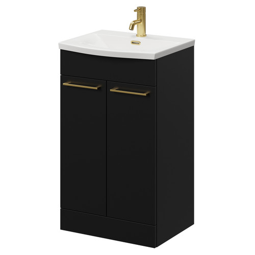 Napoli Matt Black 500mm Floor Standing Vanity Unit with 1 Tap Hole Curved Basin and 2 Doors with Brushed Brass Handles Right Hand View