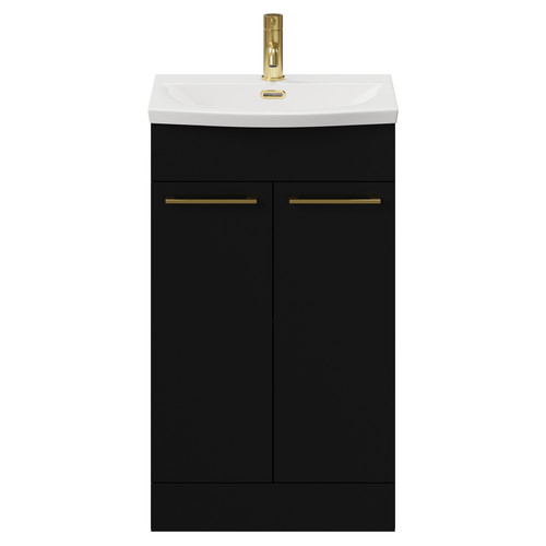 Napoli Matt Black 500mm Floor Standing Vanity Unit with 1 Tap Hole Curved Basin and 2 Doors with Brushed Brass Handles View from Front