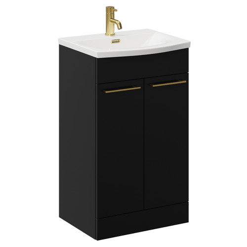 Napoli Matt Black 500mm Floor Standing Vanity Unit with 1 Tap Hole Curved Basin and 2 Doors with Brushed Brass Handles Left Hand View