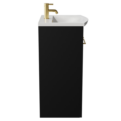 Napoli Matt Black 500mm Floor Standing Vanity Unit with 1 Tap Hole Curved Basin and 2 Doors with Brushed Brass Handles View from Side