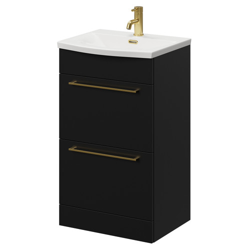 Napoli Matt Black 500mm Floor Standing Vanity Unit with 1 Tap Hole Curved Basin and 2 Drawers with Brushed Brass Handles Right Hand View