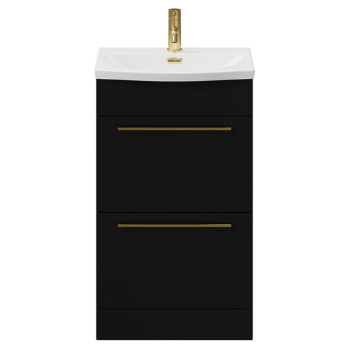 Napoli Matt Black 500mm Floor Standing Vanity Unit with 1 Tap Hole Curved Basin and 2 Drawers with Brushed Brass Handles View from Front
