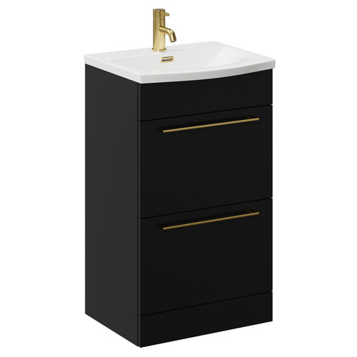 Napoli Matt Black 500mm Floor Standing Vanity Unit with 1 Tap Hole Curved Basin and 2 Drawers with Brushed Brass Handles Left Hand View