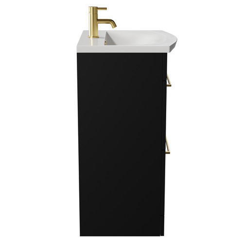 Napoli Matt Black 500mm Floor Standing Vanity Unit with 1 Tap Hole Curved Basin and 2 Drawers with Brushed Brass Handles View from Side