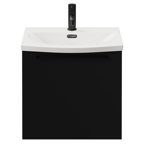 Napoli Matt Black 500mm Wall Mounted Vanity Unit with 1 Tap Hole Curved Basin and Single Drawer with Matt Black Handle View from Front