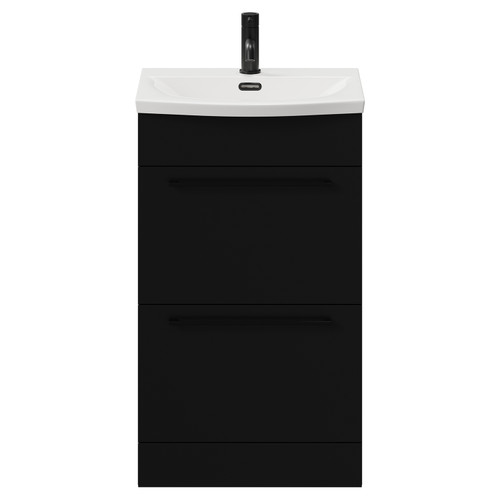 Napoli Matt Black 500mm Floor Standing Vanity Unit with 1 Tap Hole Curved Basin and 2 Drawers with Matt Black Handles View from Front