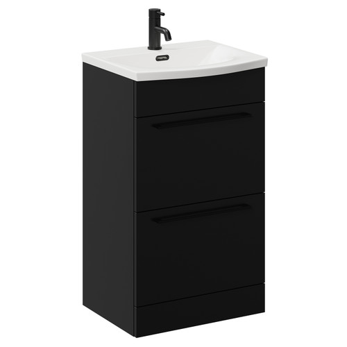Napoli Matt Black 500mm Floor Standing Vanity Unit with 1 Tap Hole Curved Basin and 2 Drawers with Matt Black Handles Left Hand View