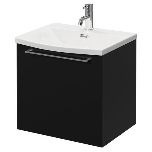 Napoli Matt Black 500mm Wall Mounted Vanity Unit with 1 Tap Hole Curved Basin and Single Drawer with Chrome Handle Right Hand View