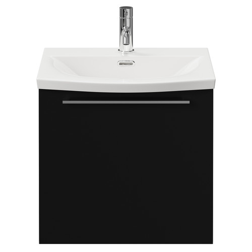 Napoli Matt Black 500mm Wall Mounted Vanity Unit with 1 Tap Hole Curved Basin and Single Drawer with Chrome Handle View from Front