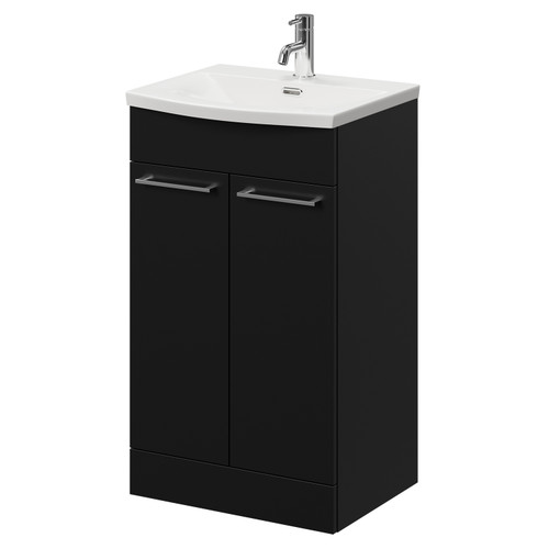 Napoli Matt Black 500mm Floor Standing Vanity Unit with 1 Tap Hole Curved Basin and 2 Doors with Chrome Handles Right Hand View