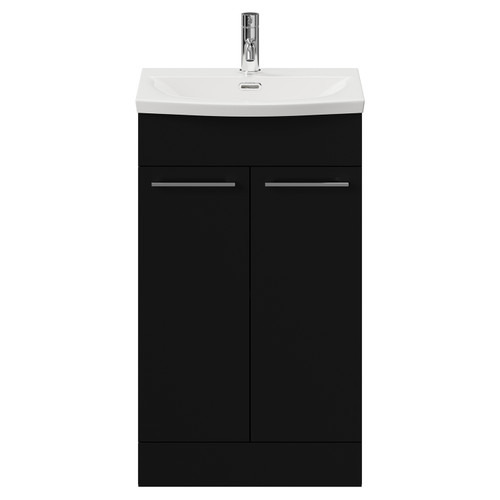 Napoli Matt Black 500mm Floor Standing Vanity Unit with 1 Tap Hole Curved Basin and 2 Doors with Chrome Handles View from Front