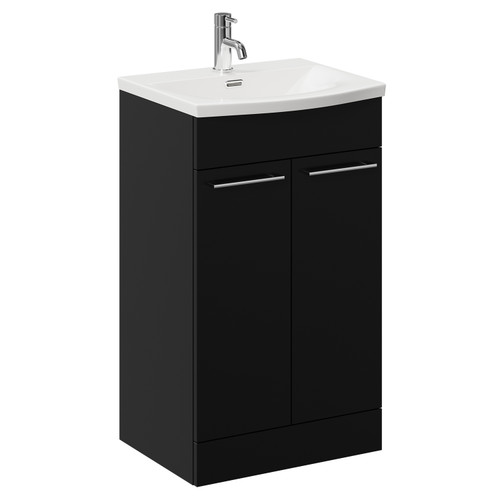 Napoli Matt Black 500mm Floor Standing Vanity Unit with 1 Tap Hole Curved Basin and 2 Doors with Chrome Handles Left Hand View