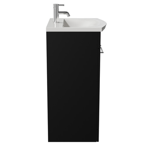 Napoli Matt Black 500mm Floor Standing Vanity Unit with 1 Tap Hole Curved Basin and 2 Doors with Chrome Handles View from Side