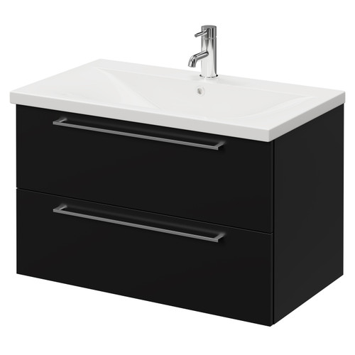 Napoli Matt Black 800mm Wall Mounted Vanity Unit with 1 Tap Hole Basin and 2 Drawers with Chrome Handles Right Hand View