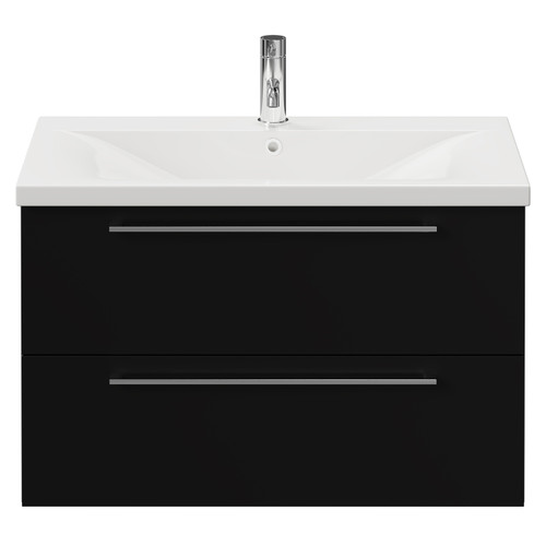 Napoli Matt Black 800mm Wall Mounted Vanity Unit with 1 Tap Hole Basin and 2 Drawers with Chrome Handles View from Front