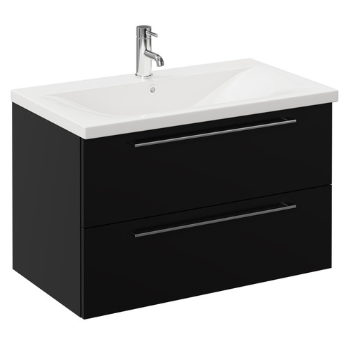 Napoli Matt Black 800mm Wall Mounted Vanity Unit with 1 Tap Hole Basin and 2 Drawers with Chrome Handles Left Hand View