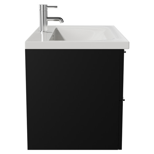 Napoli Matt Black 800mm Wall Mounted Vanity Unit with 1 Tap Hole Basin and 2 Drawers with Chrome Handles View from Side