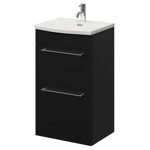 Napoli Matt Black 500mm Floor Standing Vanity Unit with 1 Tap Hole Curved Basin and 2 Drawers with Chrome Handles Right Hand View