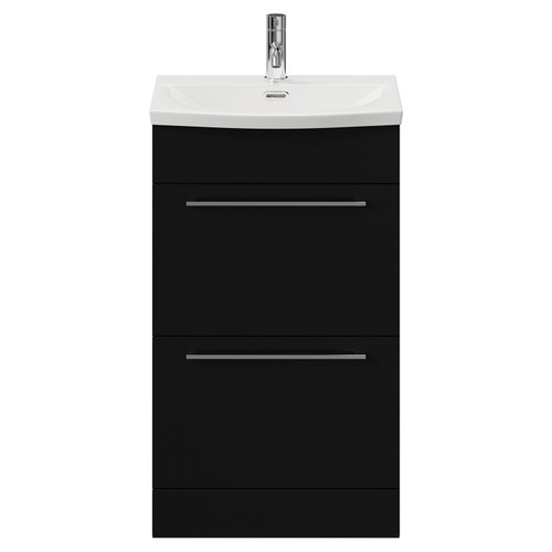 Napoli Matt Black 500mm Floor Standing Vanity Unit with 1 Tap Hole Curved Basin and 2 Drawers with Chrome Handles View from Front