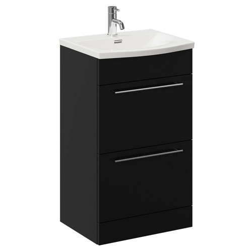 Napoli Matt Black 500mm Floor Standing Vanity Unit with 1 Tap Hole Curved Basin and 2 Drawers with Chrome Handles Left Hand View