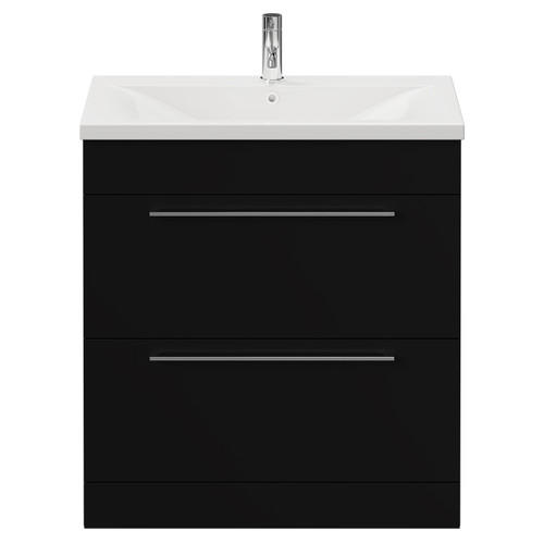 Napoli Matt Black 800mm Floor Standing Vanity Unit with 1 Tap Hole Basin and 2 Drawers with Chrome Handles View from Front