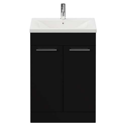 Napoli Matt Black 600mm Floor Standing Vanity Unit with 1 Tap Hole Basin and 2 Doors with Chrome Handles View from Front