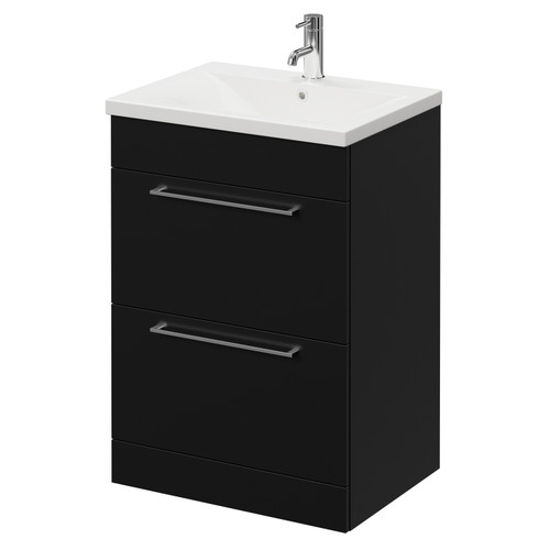 Napoli Matt Black 600mm Floor Standing Vanity Unit with 1 Tap Hole Basin and 2 Drawers with Chrome Handles Right Hand View