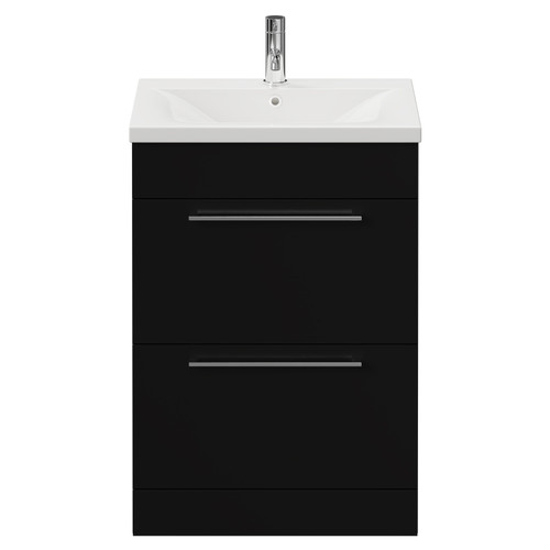 Napoli Matt Black 600mm Floor Standing Vanity Unit with 1 Tap Hole Basin and 2 Drawers with Chrome Handles View from Front