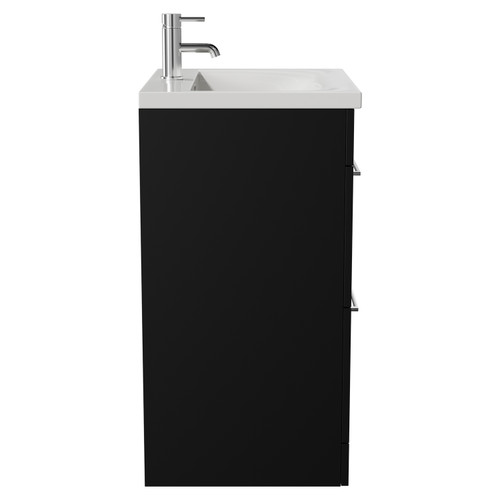 Napoli Matt Black 600mm Floor Standing Vanity Unit with 1 Tap Hole Basin and 2 Drawers with Chrome Handles View from Side