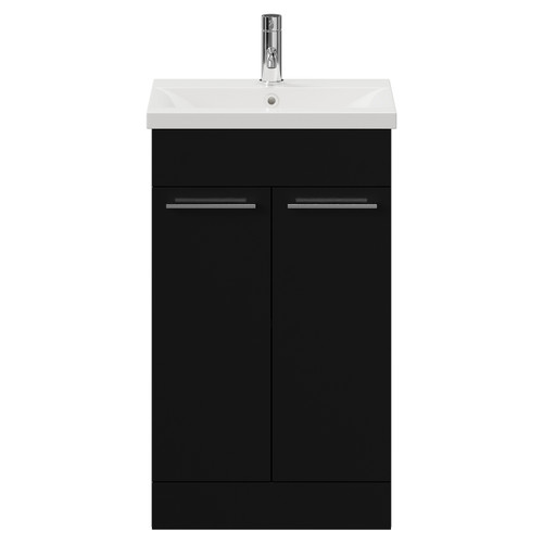 Napoli Matt Black 500mm Floor Standing Vanity Unit with 1 Tap Hole Basin and 2 Doors with Chrome Handles View from Front
