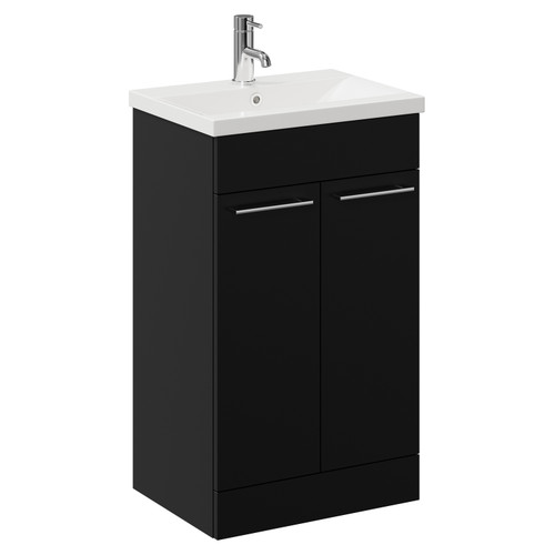 Napoli Matt Black 500mm Floor Standing Vanity Unit with 1 Tap Hole Basin and 2 Doors with Chrome Handles Left Hand View