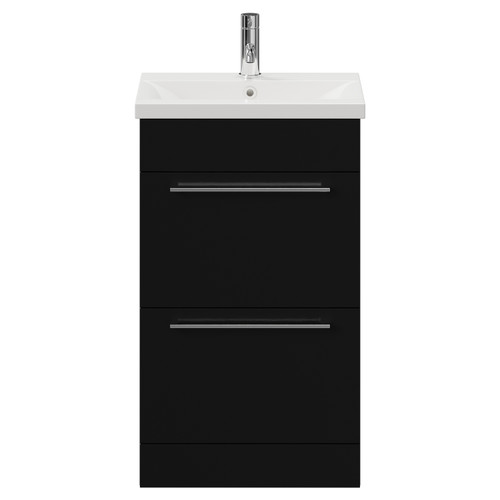 Napoli Matt Black 500mm Floor Standing Vanity Unit with 1 Tap Hole Basin and 2 Drawers with Chrome Handles View from Front