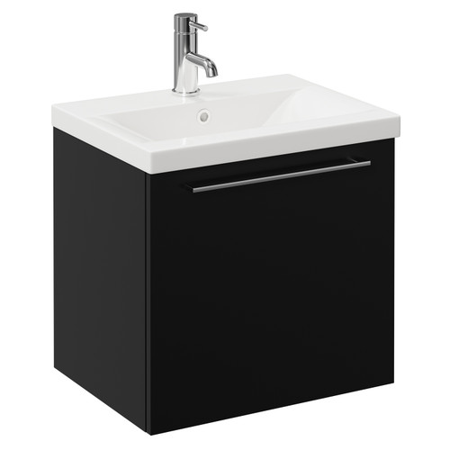Napoli Matt Black 500mm Wall Mounted Vanity Unit with 1 Tap Hole Basin and Single Drawer with Chrome Handle Left Hand View
