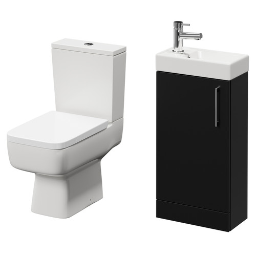 Napoli Compact Matt Black 400mm Cloakroom Vanity Unit and Toilet Suite including Paulo Toilet and Floor Standing Vanity Unit with Single Door and Chrome Handle Right Hand View