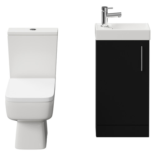 Napoli Compact Matt Black 400mm Cloakroom Vanity Unit and Toilet Suite including Paulo Toilet and Floor Standing Vanity Unit with Single Door and Chrome Handle View from Front