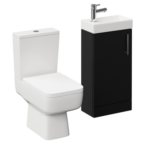 Napoli Compact Matt Black 400mm Cloakroom Vanity Unit and Toilet Suite including Paulo Toilet and Floor Standing Vanity Unit with Single Door and Chrome Handle Left Hand View