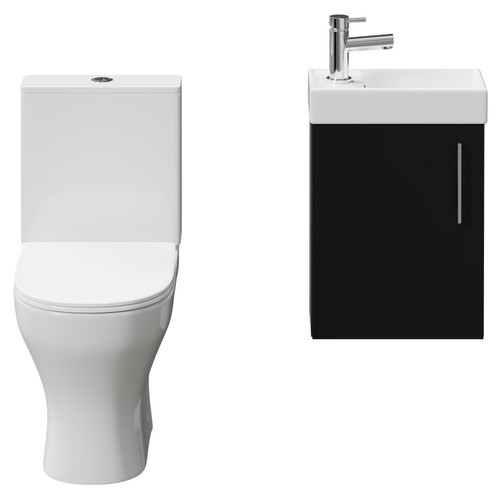 Napoli Compact Matt Black 400mm Cloakroom Vanity Unit and Toilet Suite including Jubilee Open Back Toilet and Wall Mounted Vanity Unit with Single Door and Chrome Handle View from Front