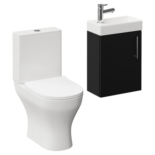 Napoli Compact Matt Black 400mm Cloakroom Vanity Unit and Toilet Suite including Jubilee Open Back Toilet and Wall Mounted Vanity Unit with Single Door and Chrome Handle Left Hand View
