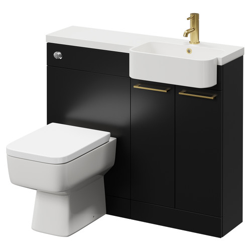 Napoli Combination Matt Black 1000mm Vanity Unit Toilet Suite with Right Hand Round Semi Recessed 1 Tap Hole Basin and 2 Doors with Brushed Brass Handles Right Hand View
