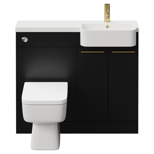 Napoli Combination Matt Black 1000mm Vanity Unit Toilet Suite with Right Hand Round Semi Recessed 1 Tap Hole Basin and 2 Doors with Brushed Brass Handles View from Front