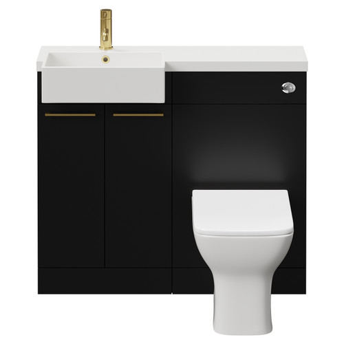 Napoli Combination Matt Black 1000mm Vanity Unit Toilet Suite with Left Hand Square Semi Recessed 1 Tap Hole Basin and 2 Doors with Brushed Brass Handles View from Front