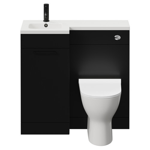 Napoli Combination Matt Black 900mm Vanity Unit Toilet Suite with Left Hand L Shaped 1 Tap Hole Round Basin and Single Door with Matt Black Handle View from Front