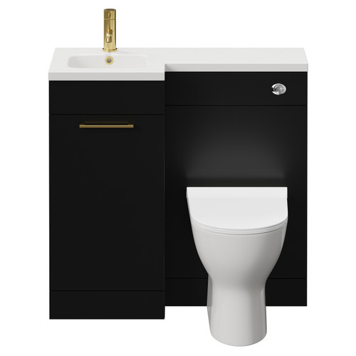 Napoli Combination Matt Black 900mm Vanity Unit Toilet Suite with Left Hand L Shaped 1 Tap Hole Round Basin and Single Door with Brushed Brass Handle View from Front