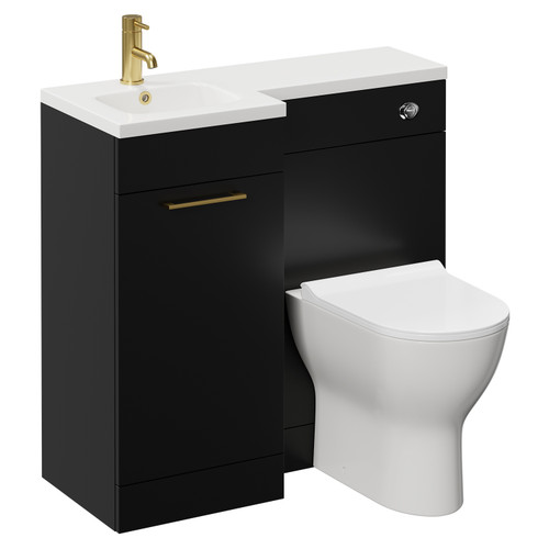 Napoli Combination Matt Black 900mm Vanity Unit Toilet Suite with Left Hand L Shaped 1 Tap Hole Round Basin and Single Door with Brushed Brass Handle Left Hand View