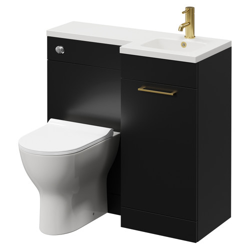 Napoli Combination Matt Black 900mm Vanity Unit Toilet Suite with Right Hand L Shaped 1 Tap Hole Round Basin and Single Door with Brushed Brass Handle Right Hand View