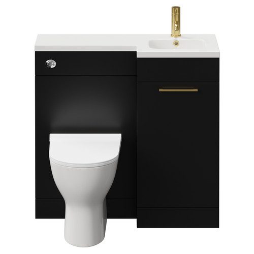 Napoli Combination Matt Black 900mm Vanity Unit Toilet Suite with Right Hand L Shaped 1 Tap Hole Round Basin and Single Door with Brushed Brass Handle View from Front