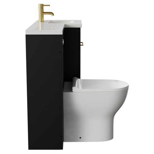 Napoli Combination Matt Black 900mm Vanity Unit Toilet Suite with Right Hand L Shaped 1 Tap Hole Round Basin and Single Door with Brushed Brass Handle View from Side