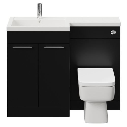 Napoli Combination Matt Black 1100mm Vanity Unit Toilet Suite with Left Hand L Shaped 1 Tap Hole Basin and 2 Doors with Chrome Handles View from Front