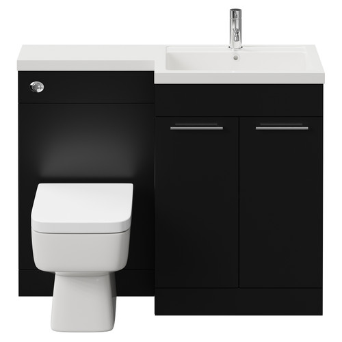 Napoli Combination Matt Black 1100mm Vanity Unit Toilet Suite with Right Hand L Shaped 1 Tap Hole Basin and 2 Doors with Chrome Handles View from Front